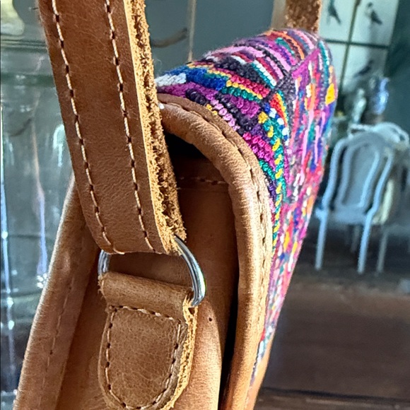Woven Textile Leather Crossbody Bag Boho Ethnic Southwestern Festival Statement - Picture 6 of 9